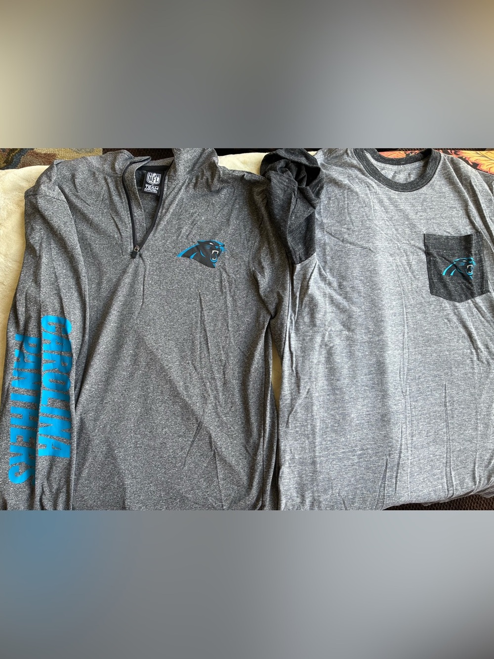 Lot Of 2 Gray Carolina Panthers NFL T-Shirts 1 Long Sleeve 1 Short Sleeve Size S